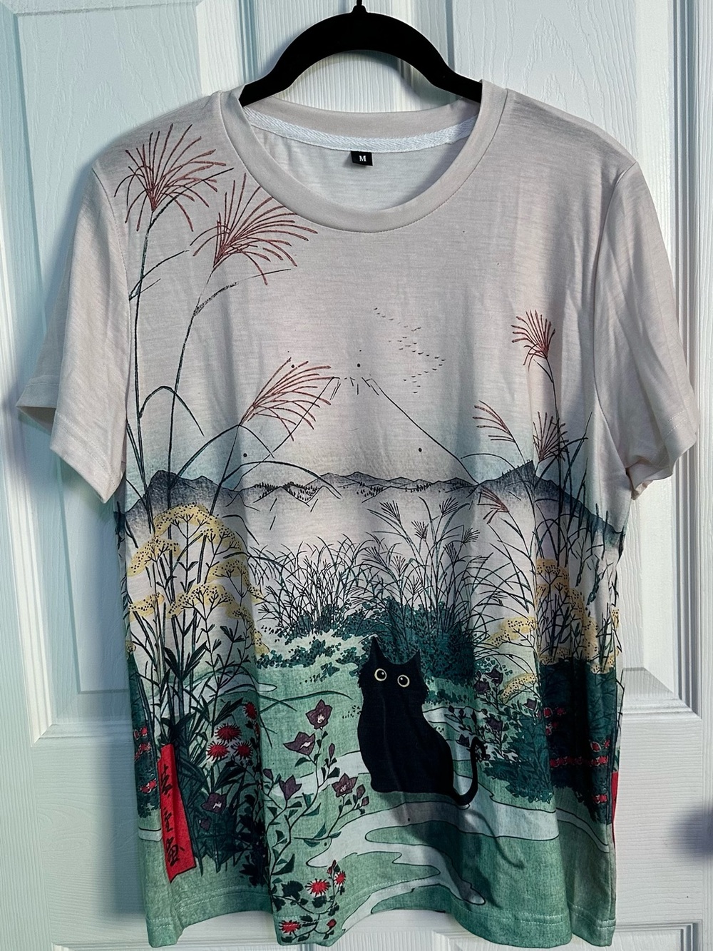 Graphic Tee with Black Cat and Botanical Scene